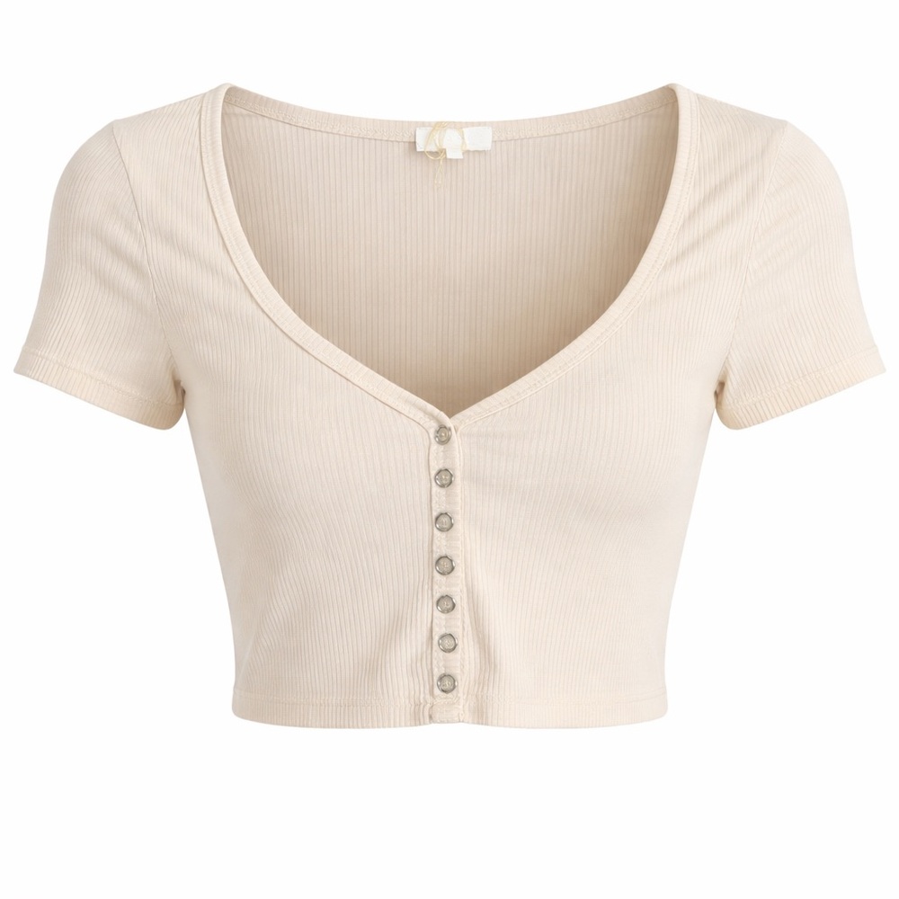 Meshki Ribbed V-Neck Button Crop Top - Cream